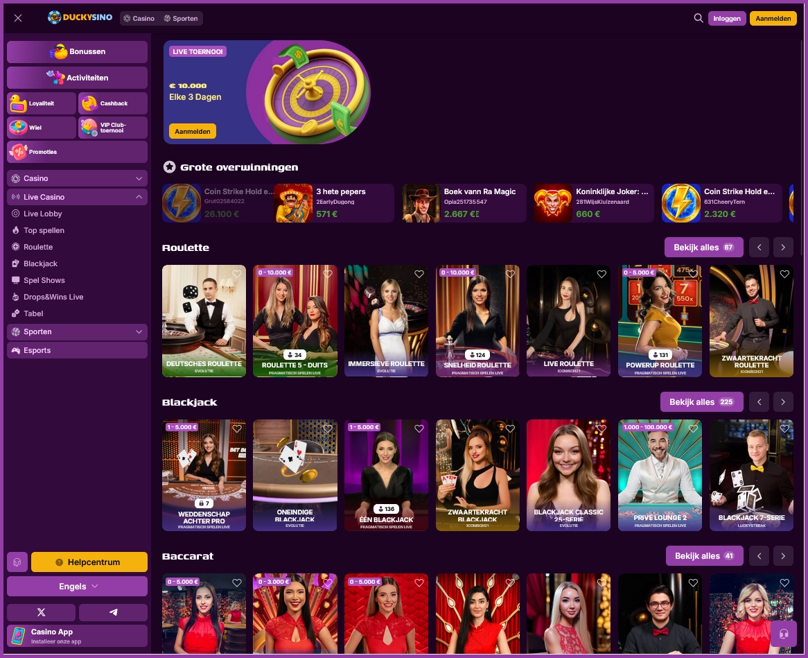 Live casino aanbieders bij Duckysino Casino