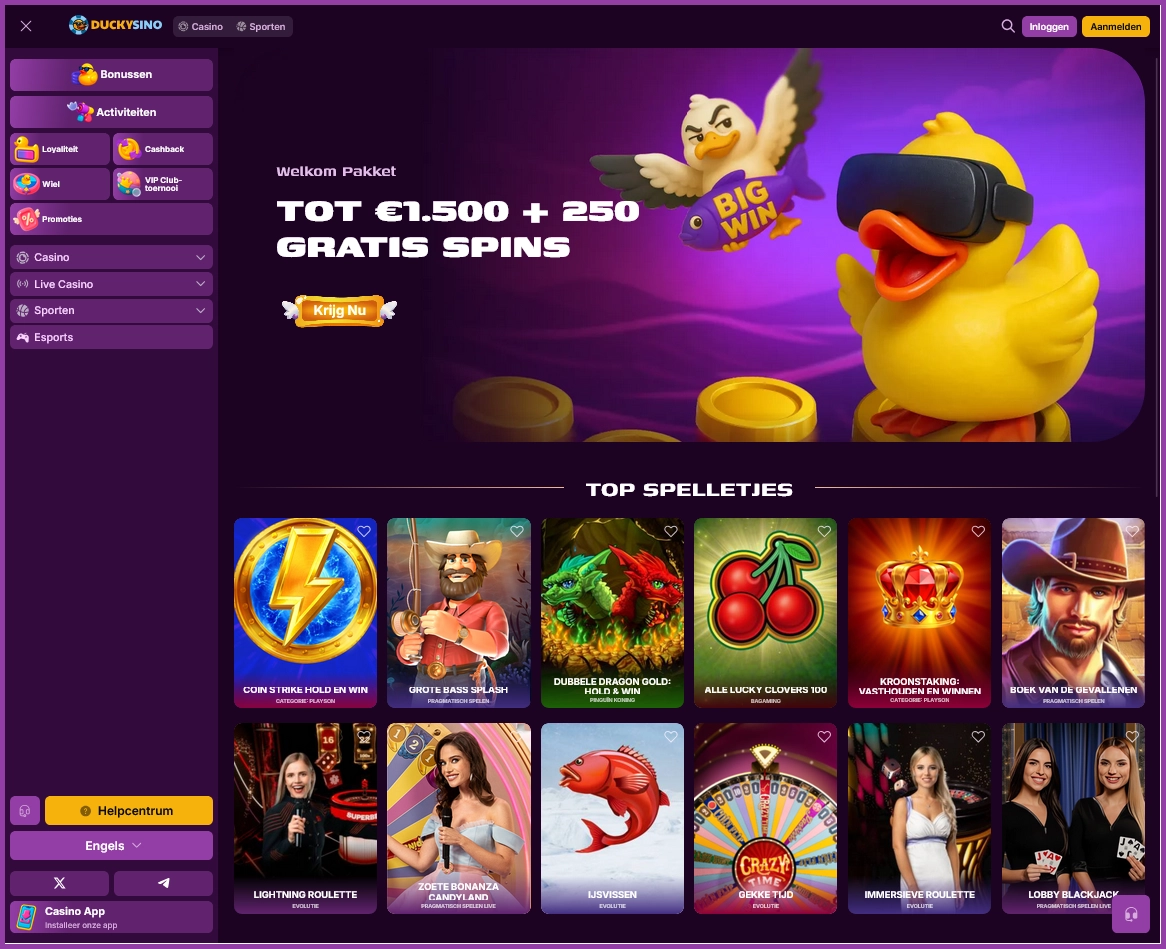 Compact overzicht van de hoofdrubrieken van Duckysino Casino